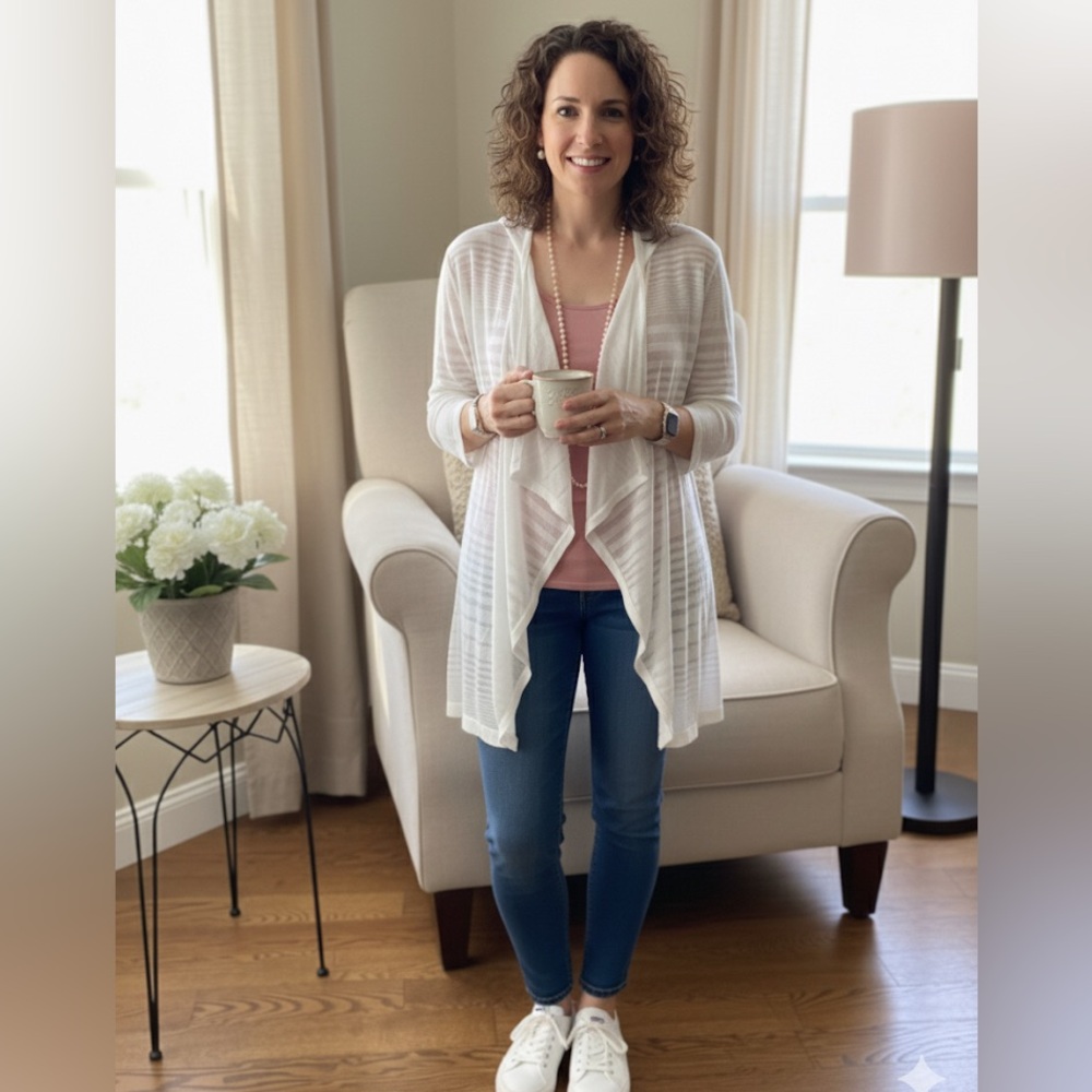 Calvin Klein White Waterfall Cardigan Sweater Lightweight Knit